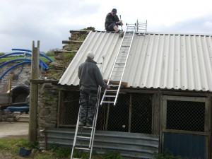 Mike sits astride the roof while Doug looks on from a safe distance